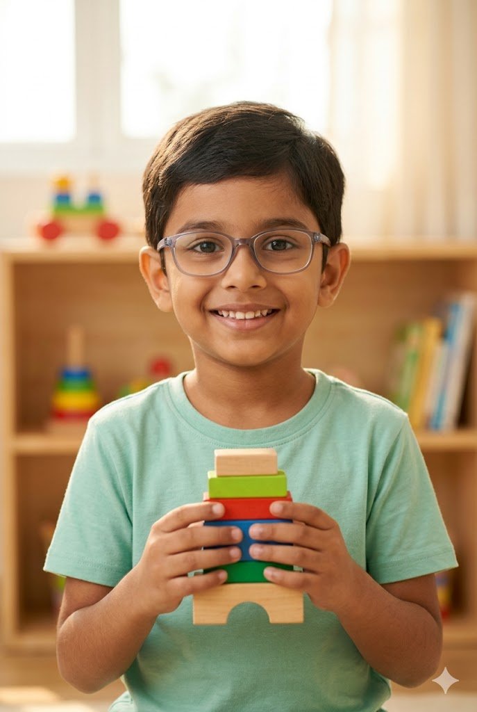 Child holding colorful toy blocks