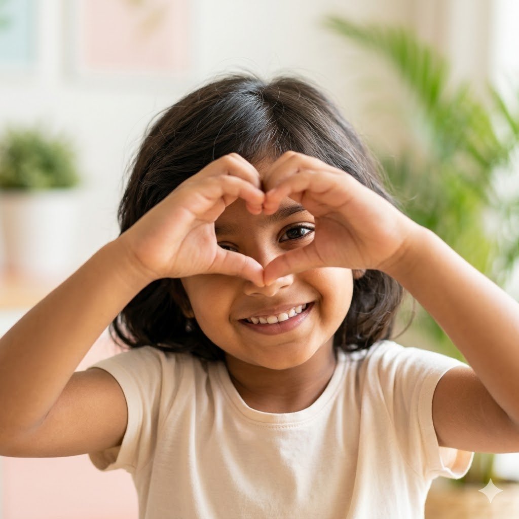 Child smiling with hands around eyes